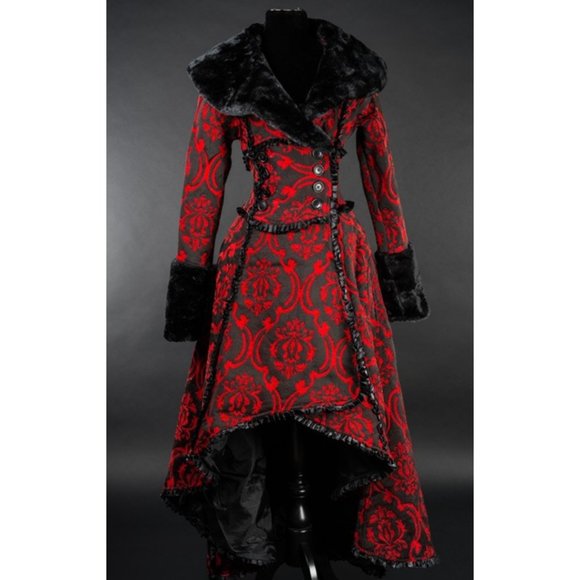 New Heavy Brocade High Low Coat Queen Royal Princess Renaissance Medieval Red - Picture 1 of 8